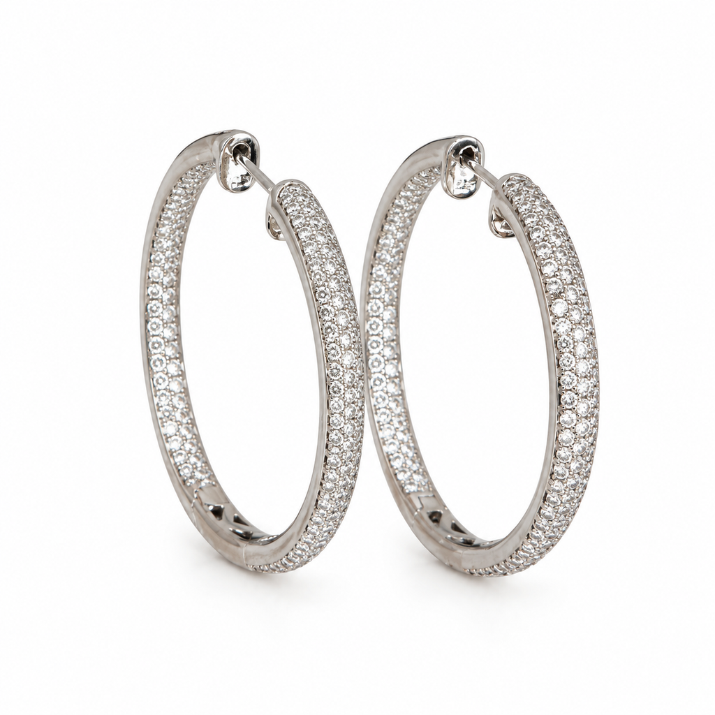 14K White Gold 2.80 Ct Diamond Inside-Out Pavé Hoop Earrings