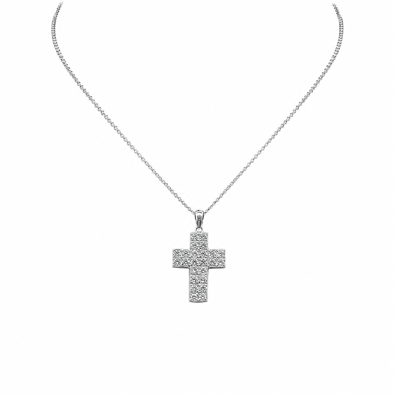 18K White Gold Cross Pendant Necklace with 1.70 CT Diamonds IAZJ