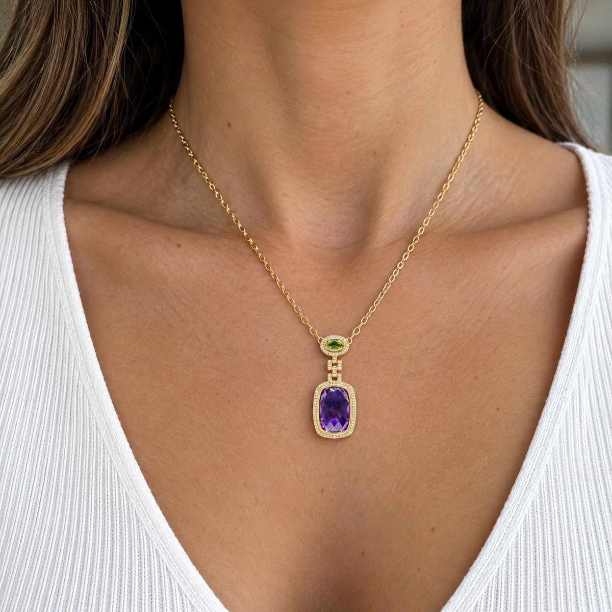 14K Yellow Gold Pendant Necklace with 0.31ct Diamonds, 0.48ct Peridot & 11.24ct Amethyst INST