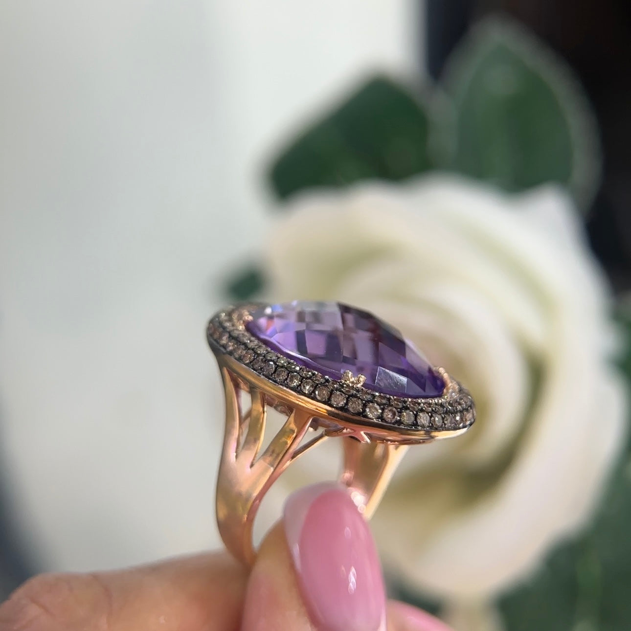 14K Rose Gold Ring with 24.36CT Oval Amethyst, 0.87CT Champagne Diamonds & 0.29CT White Diamonds | COLR014 IENJ
