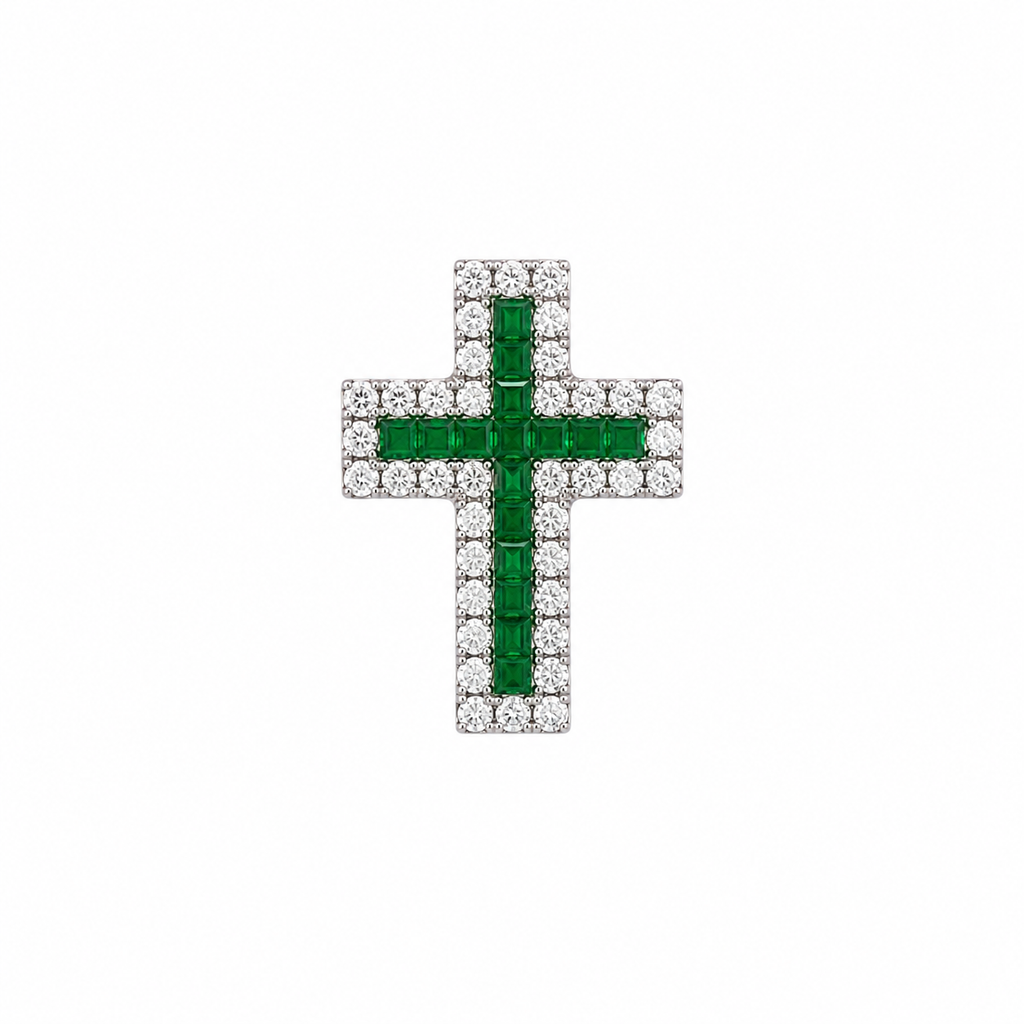 18K White Gold Diamond & Emerald Cross Pendant – 0.56 CT Diamonds & 0.40 CT Emeralds ZJJ
