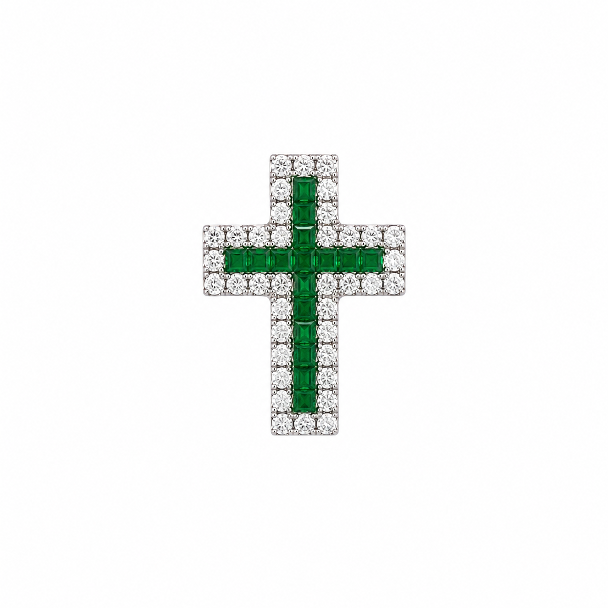 18K White Gold Diamond & Emerald Cross Pendant – 0.56 CT Diamonds & 0.40 CT Emeralds ZJJ