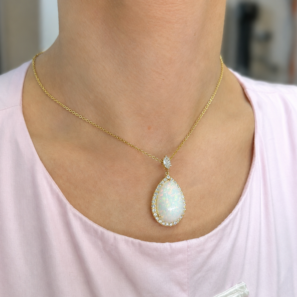 14K Yellow Gold 1.77CT Diamond & 14.10CT Pear Opal Pendant Necklace – 18” COLN0053 GTJJ