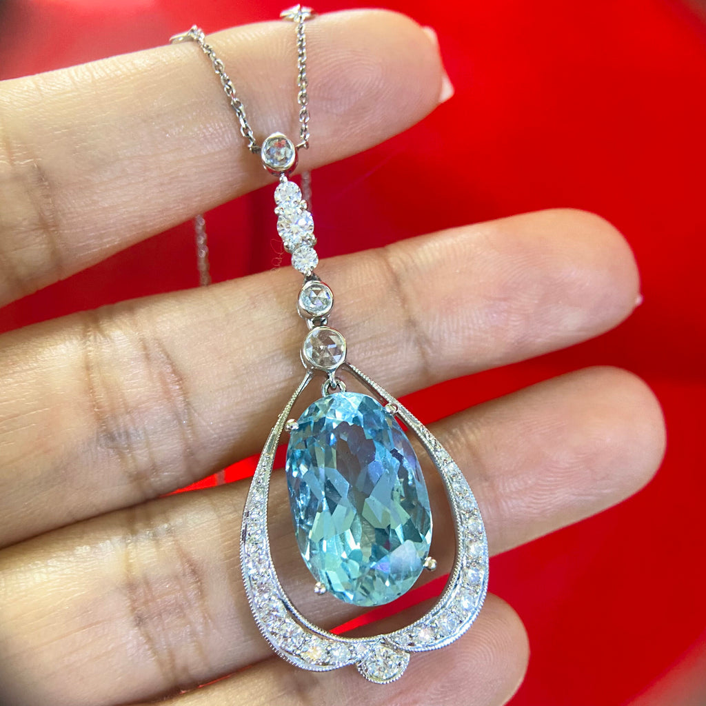 14K White Gold Natural Aquamarine & Diamond Pendant – 12.00CT Aquamarine / 1.50CT Diamonds | 009