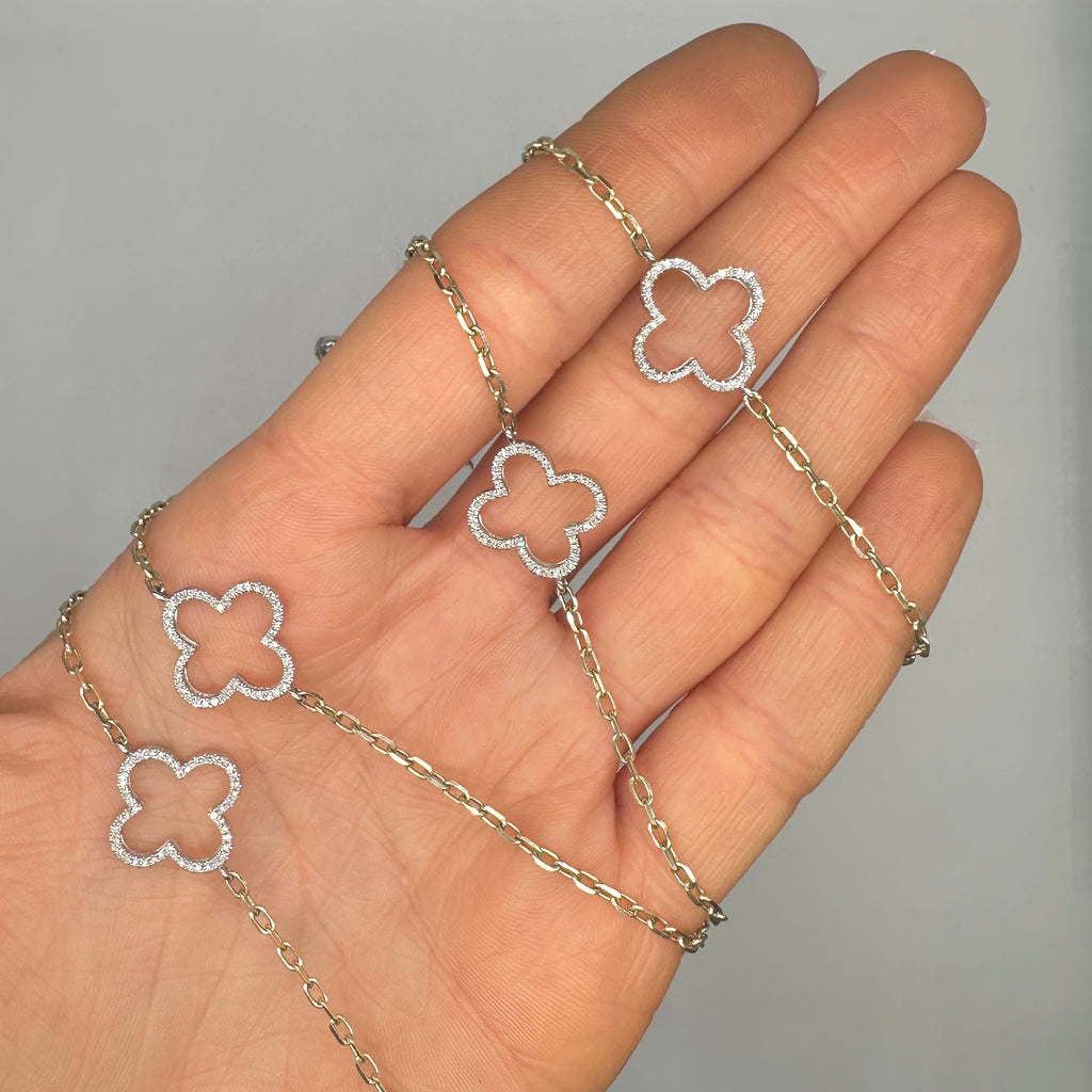 14K Gold White Clover Station Diamond Necklace – Convertible 2-Way Design DN048 GZEJ