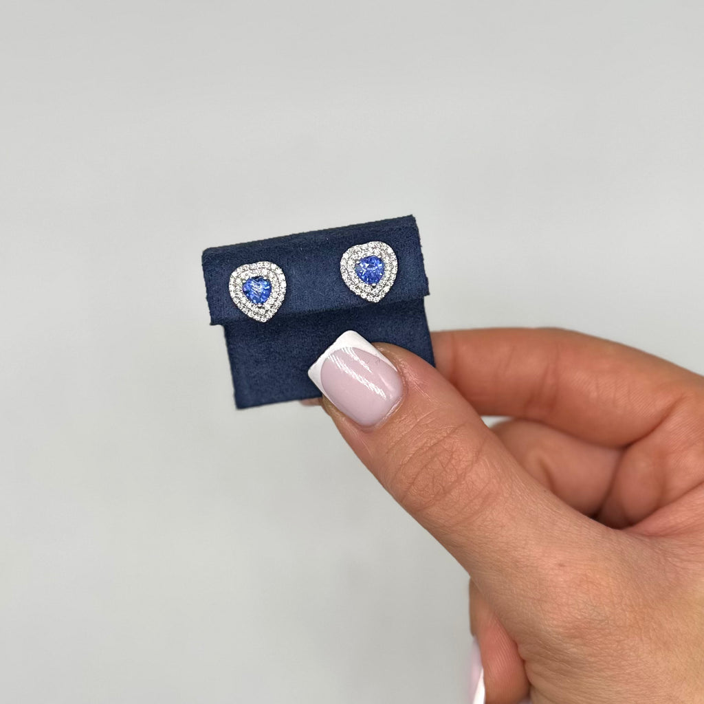 18K White Gold Sapphire & Diamond Heart Stud Earrings