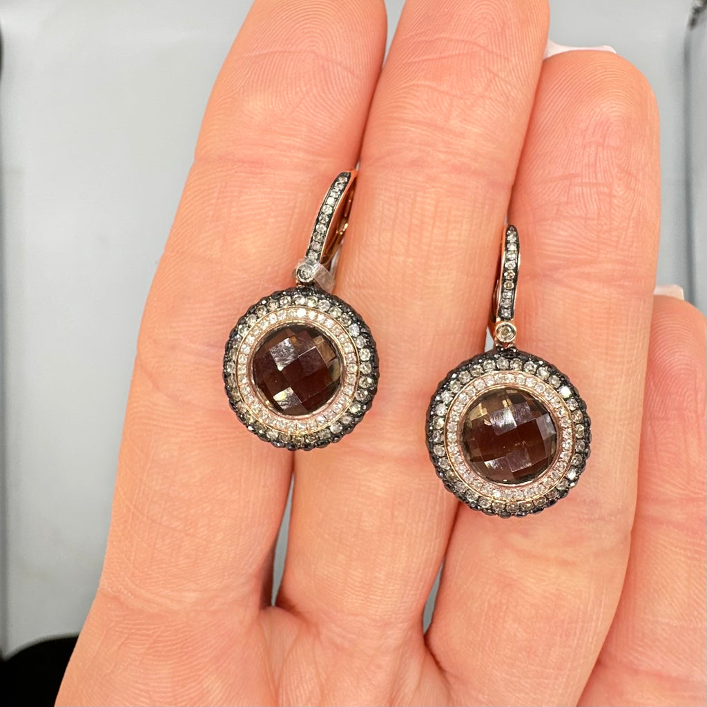 14K Rose Gold Smoky Topaz 1.48 Ct White, Black and Brown Diamond Earrings