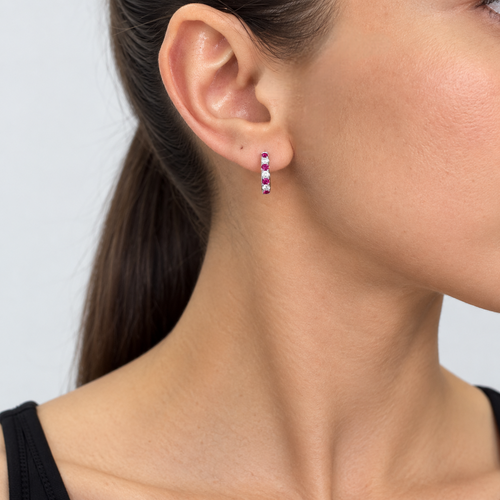 18K White Gold 0.44 Ct Ruby & 0.24 Ct Diamond Huggie Hoop Earrings