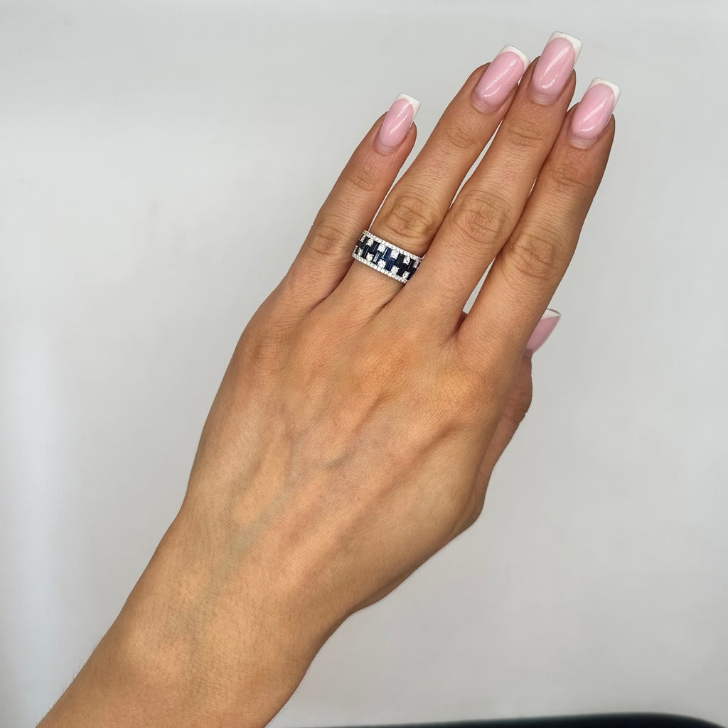 18KT White Gold Diamond Ring with Baguette-Cut Sapphires SDR991 ILTJ
