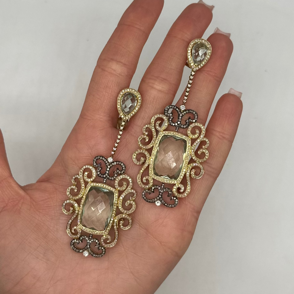 18K Yellow Gold Green Amethyst & Diamond Earrings – 47.31 CT NJJJ EA5916