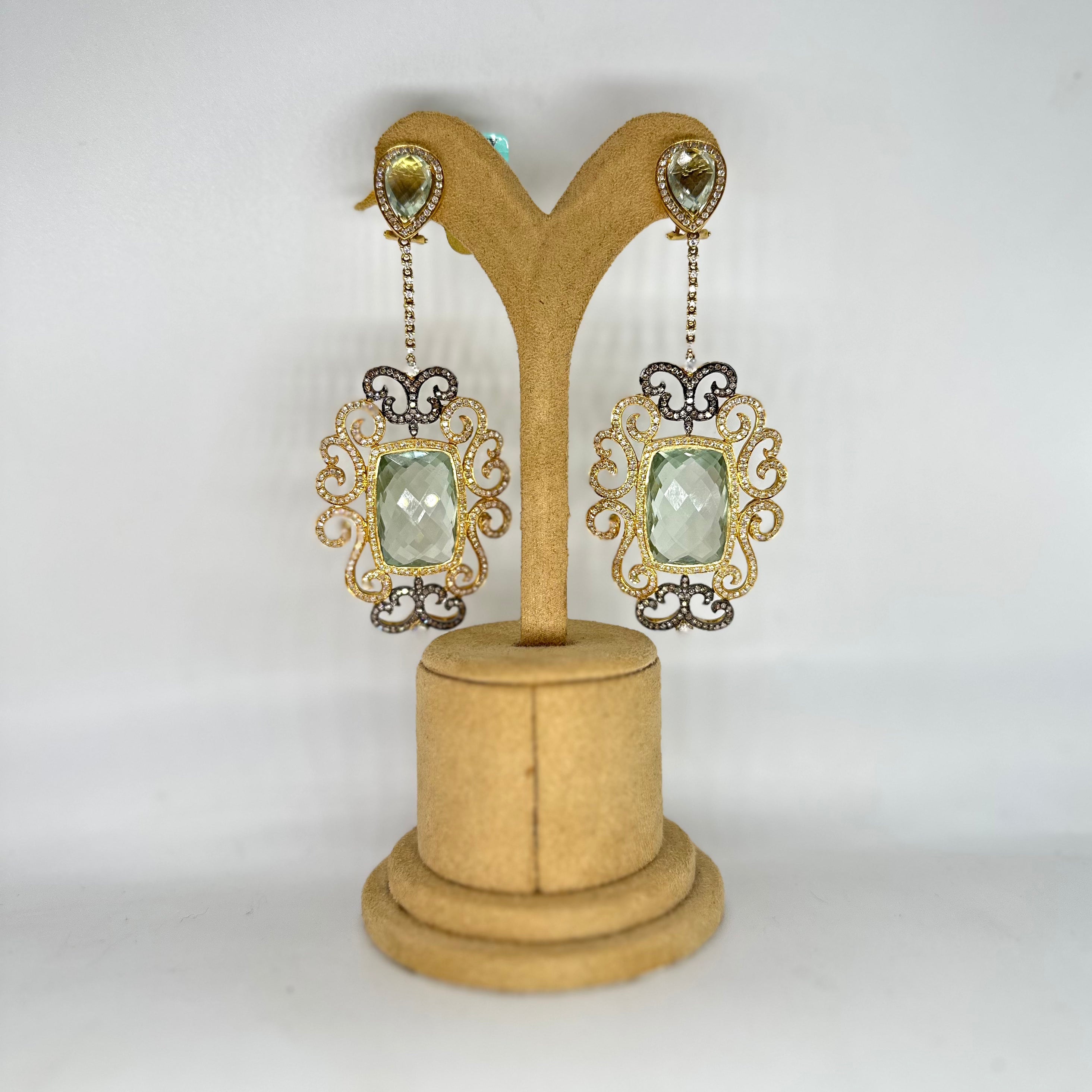18K Yellow Gold Green Amethyst & Diamond Earrings – 47.31 CT NJJJ EA5916