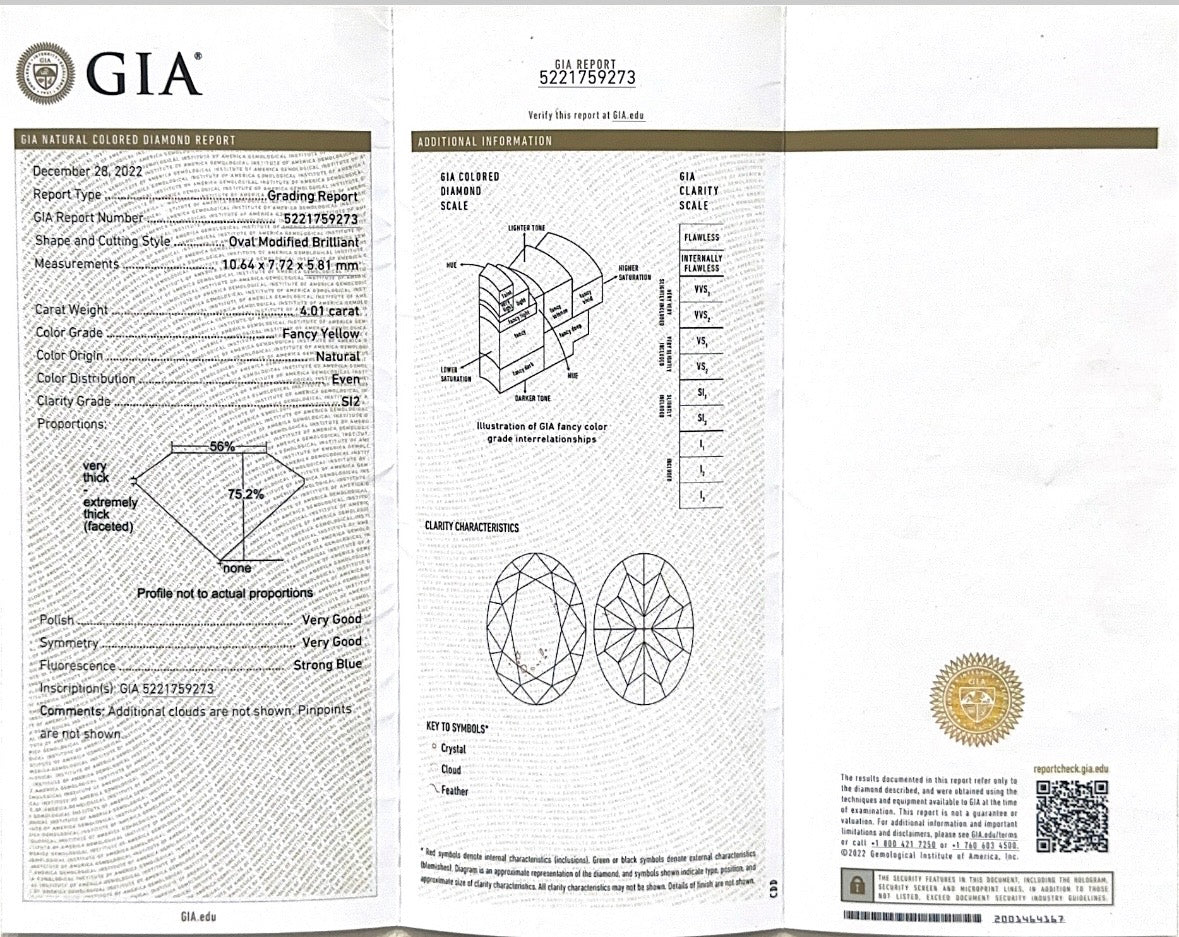 Platinum GIA Certified Fancy Yellow Diamond Ring – 4.01CT Center | BA766TS