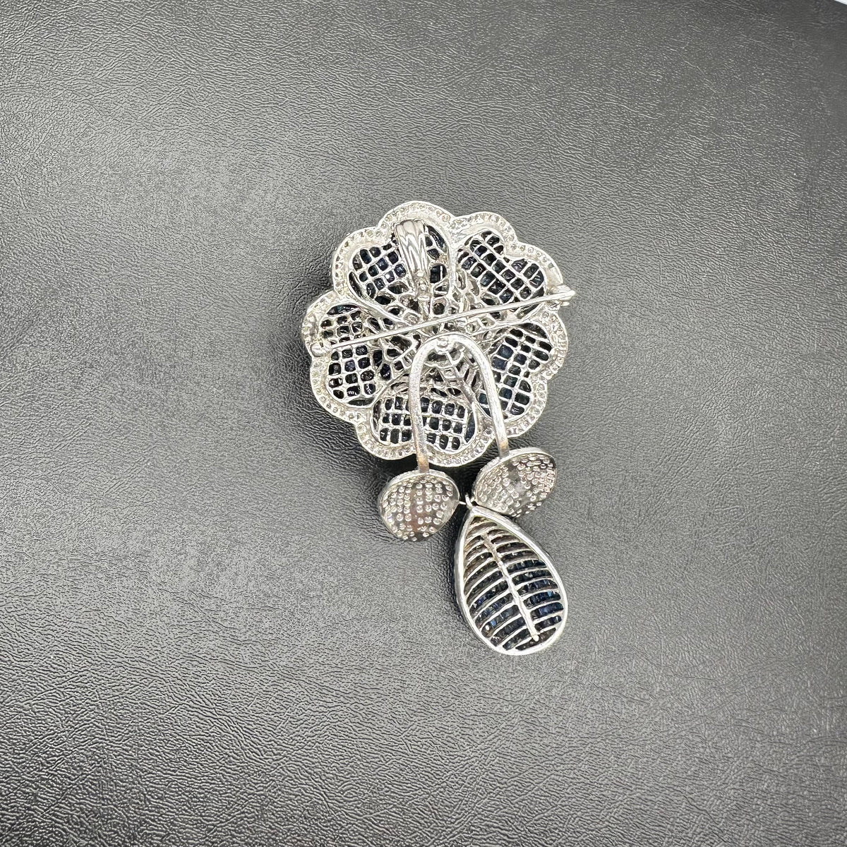 18K White Gold Diamond & Sapphire Floral Pin/Pendant – 8 CT Diamonds, 24 CT Sapphires