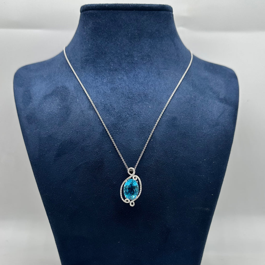 14K White Gold Chain & 18K White Gold Pendant – 0.26CT Diamonds & 7.40CT Blue Topaz TJJ