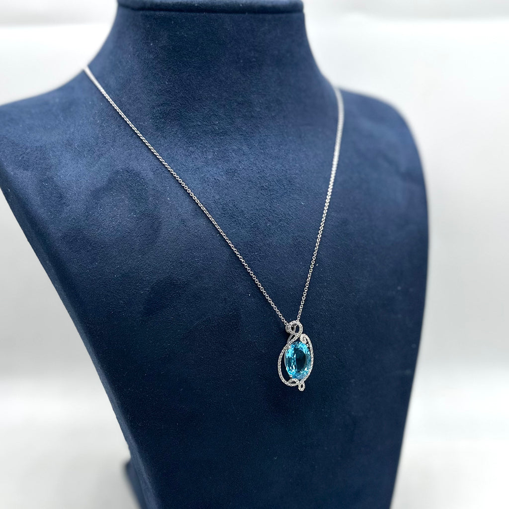 14K White Gold Chain & 18K White Gold Pendant – 0.26CT Diamonds & 7.40CT Blue Topaz TJJ