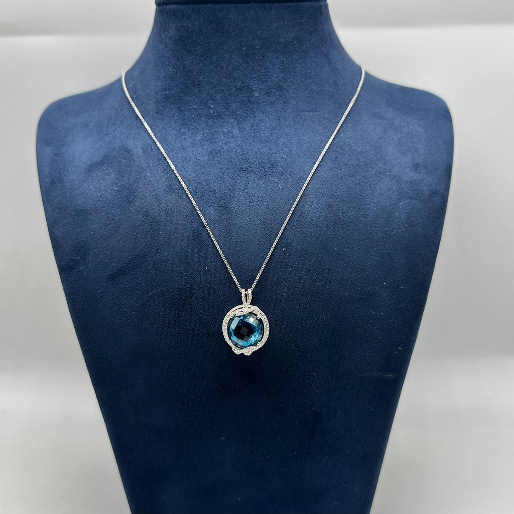 14K White Gold Pendant Necklace – 0.90 CT Diamonds & 11.92 CT Blue Topaz CDN011 STJ