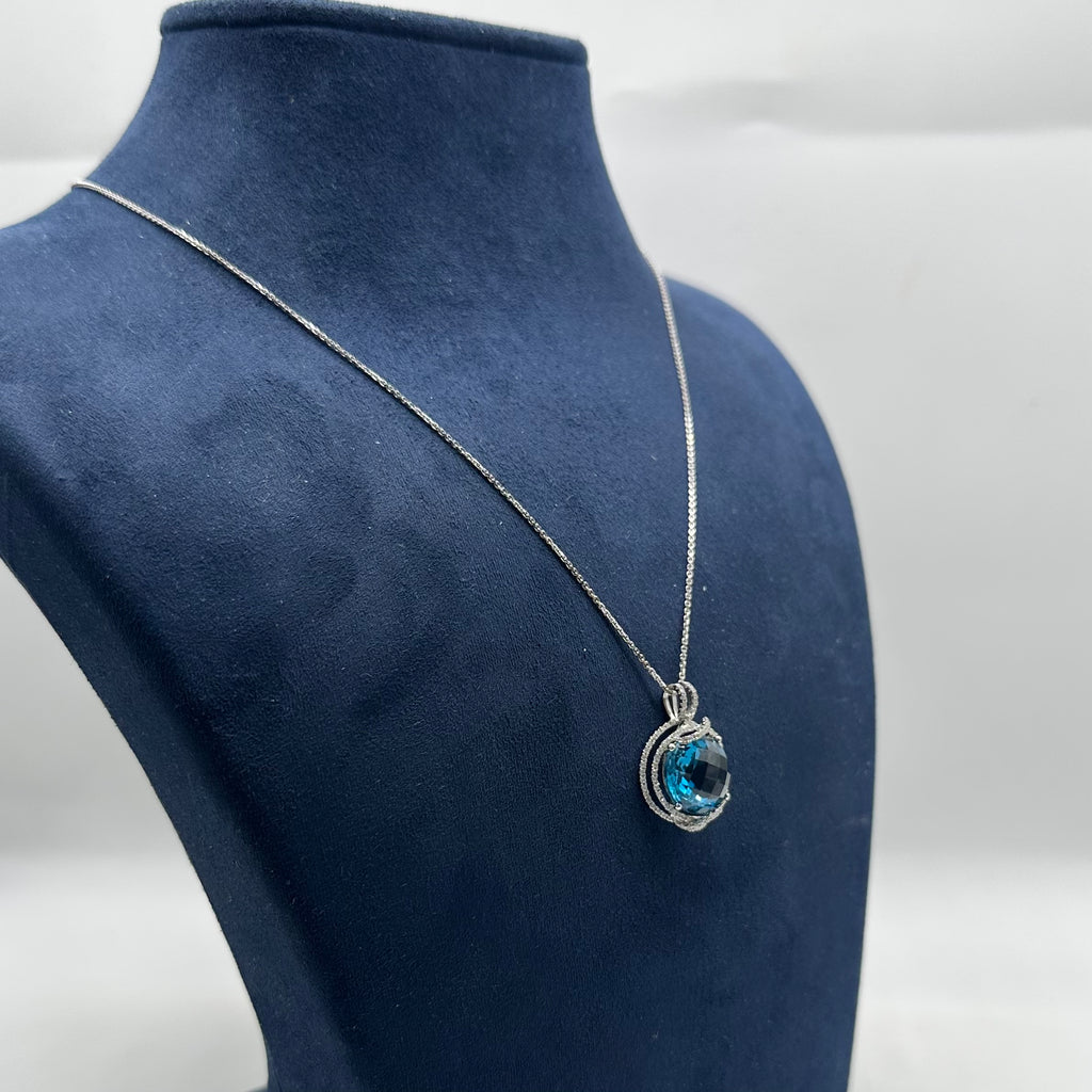 14K White Gold Pendant Necklace – 0.90 CT Diamonds & 11.92 CT Blue Topaz CDN011 STJ