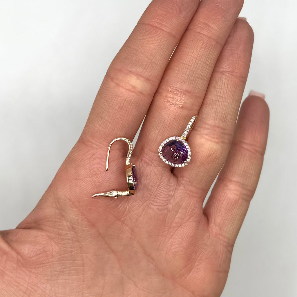 18K Yellow Gold 4.02ct Amethyst & 0.43ct Diamond Halo Drop Earrings COLER025 ETJ