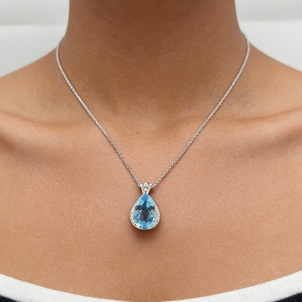 14K White Pendant Necklace - 4.60 CT Blue Topaz & 0.20 CT Diamond  CDN010 ZTJ