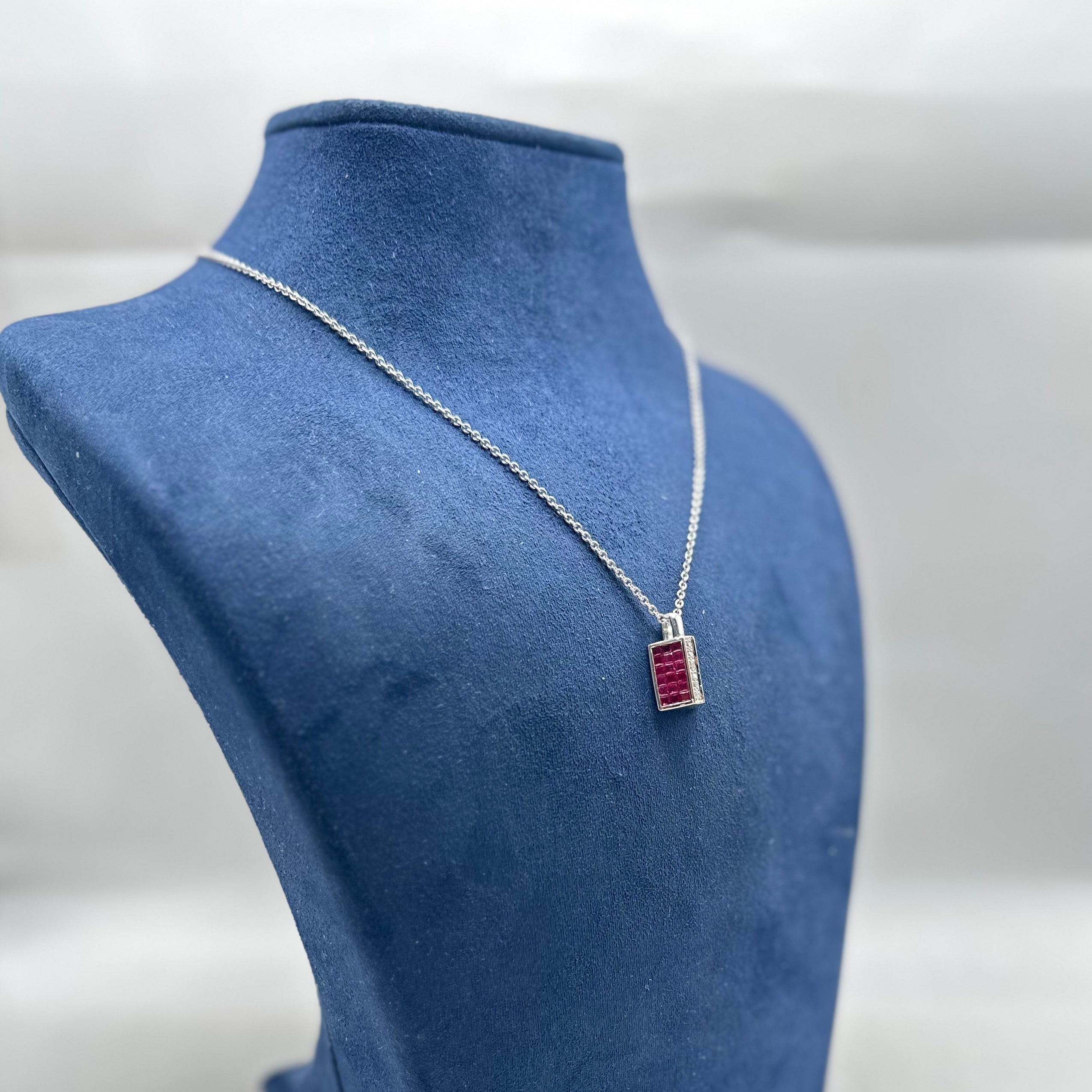 18K White Gold 3.73CT Natural Ruby & 0.08CT Diamond Pendant Necklace – 16” RDP02 EJJ