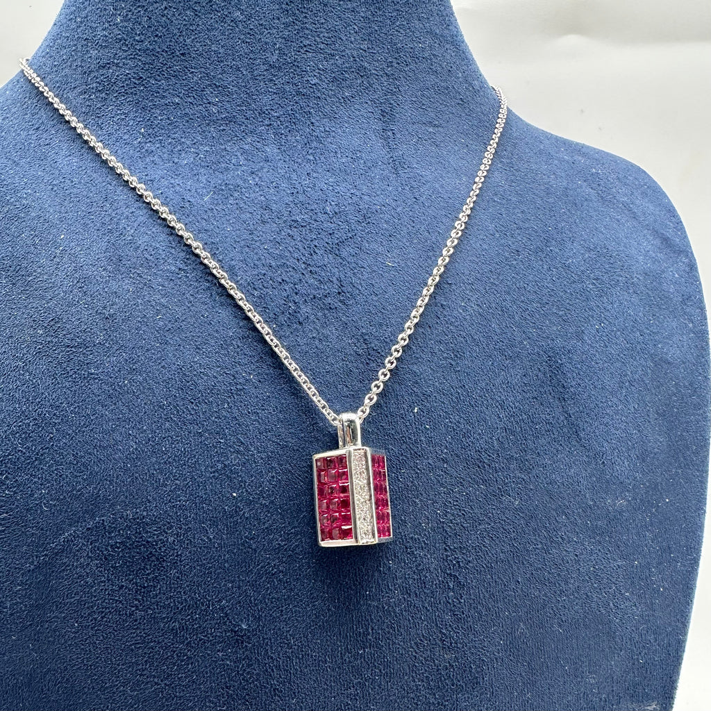 18K White Gold 3.73CT Natural Ruby & 0.08CT Diamond Pendant Necklace – 16” RDP02 EJJ