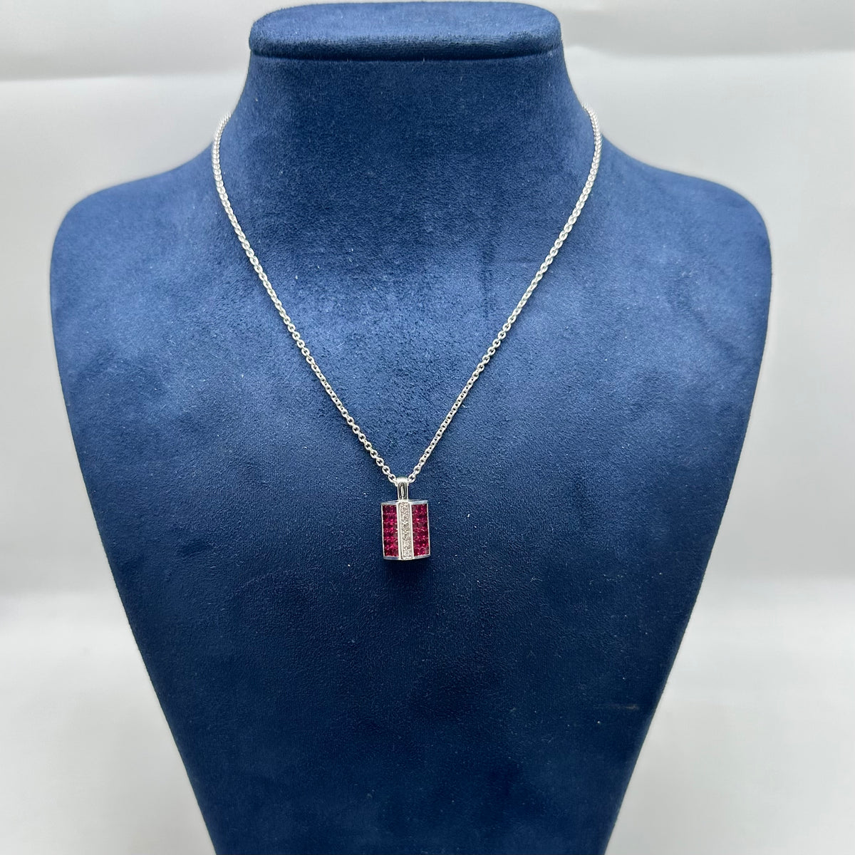 18K White Gold 3.73CT Natural Ruby & 0.08CT Diamond Pendant Necklace – 16” RDP02 EJJ