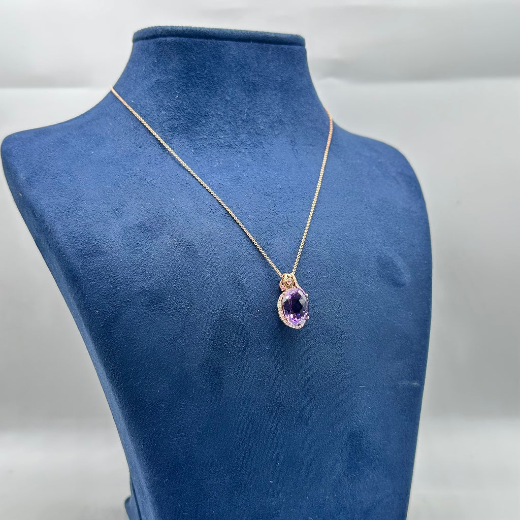 18K Rose Gold Pendant & 14K Rose Gold Chain with 0.25ct Diamonds, 0.05ct Pink Sapphire & 6.20ct Amethyst