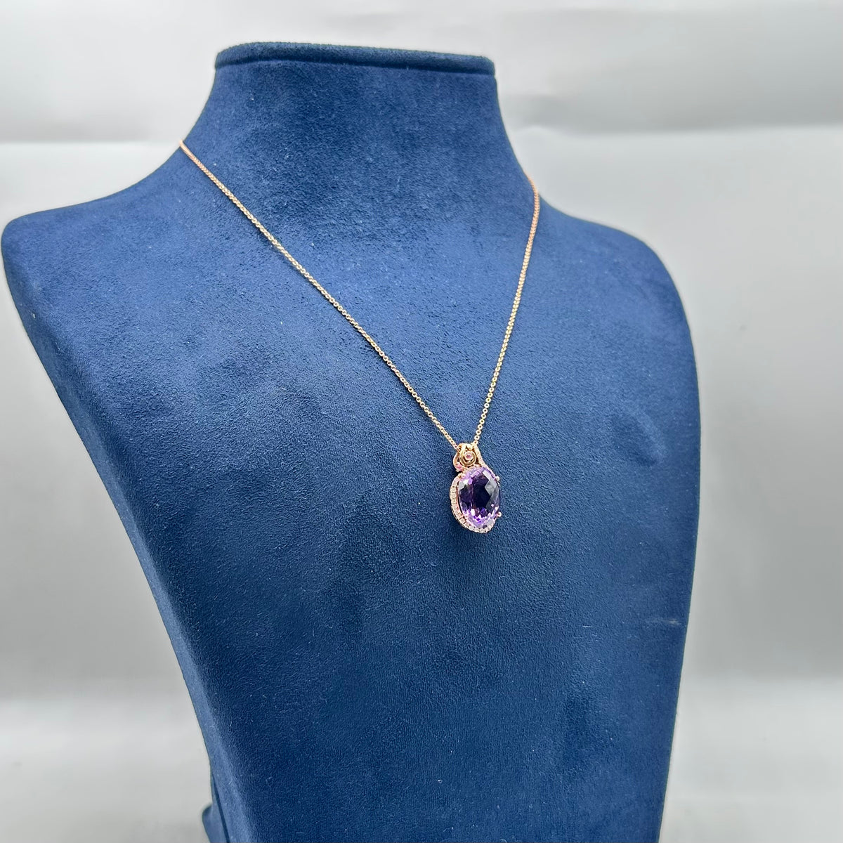 18K Rose Gold Pendant & 14K Rose Gold Chain with 0.25ct Diamonds, 0.05ct Pink Sapphire & 6.20ct Amethyst