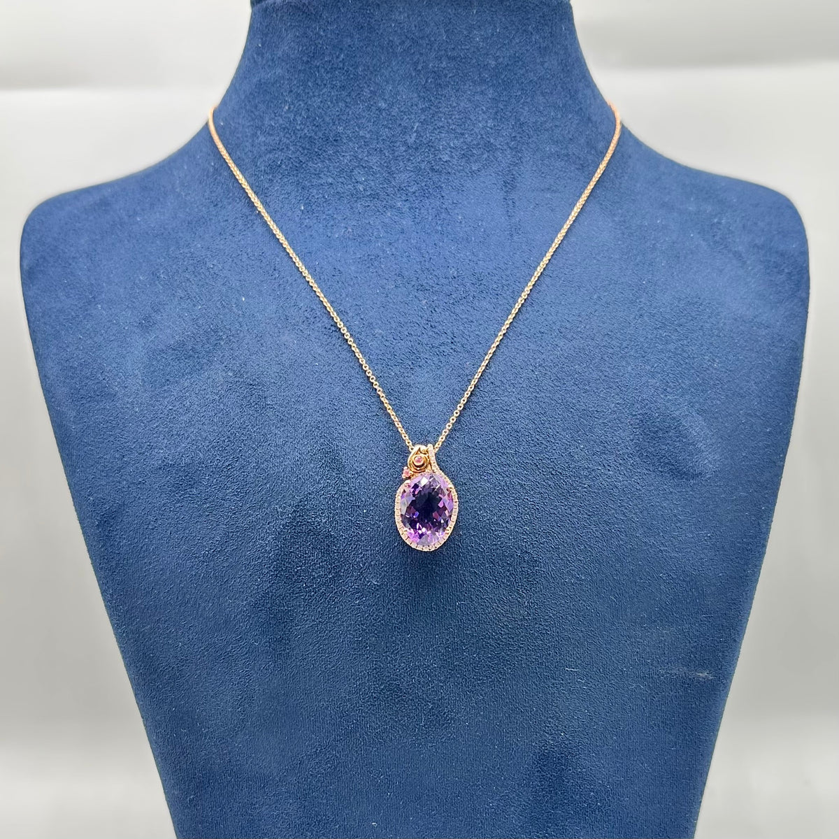 18K Rose Gold Pendant & 14K Rose Gold Chain with 0.25ct Diamonds, 0.05ct Pink Sapphire & 6.20ct Amethyst