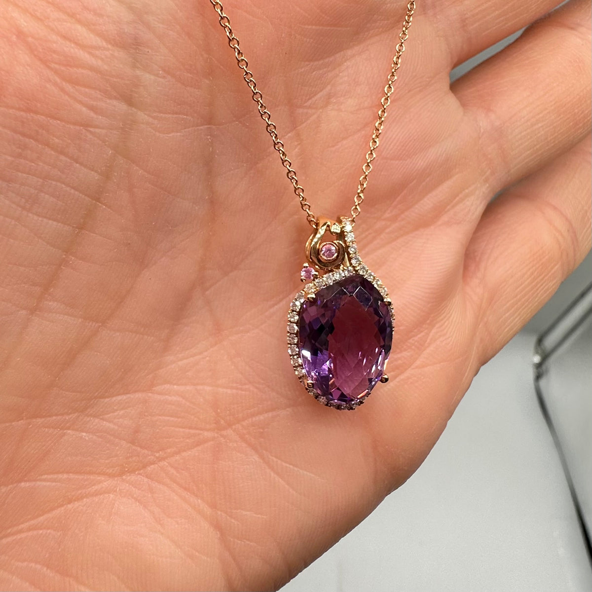 18K Rose Gold Pendant & 14K Rose Gold Chain with 0.25ct Diamonds, 0.05ct Pink Sapphire & 6.20ct Amethyst