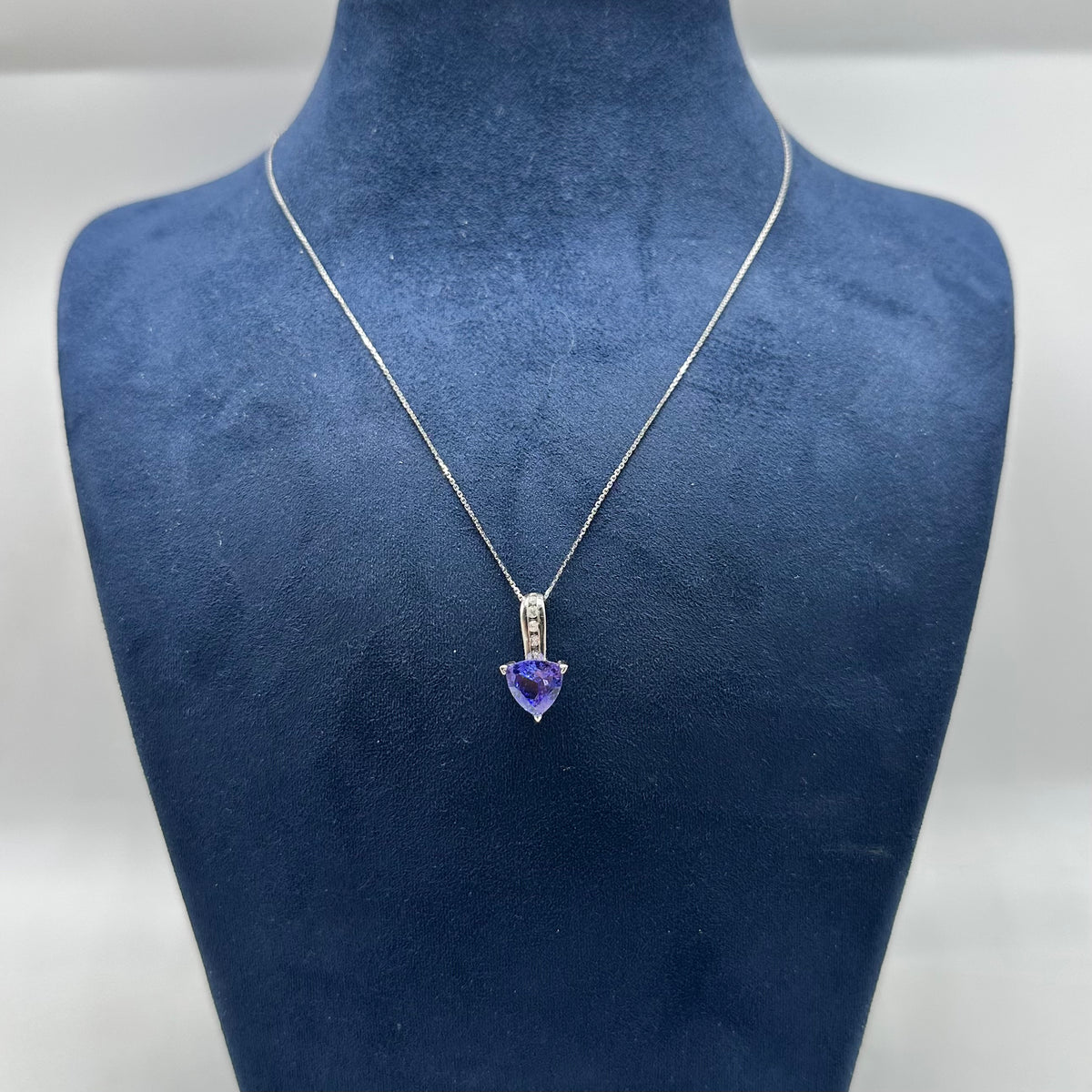14K White Gold Pendant Necklace with 2.50ct Blue Tanzanite &amp; 0.11ct Diamonds – 16” Chain