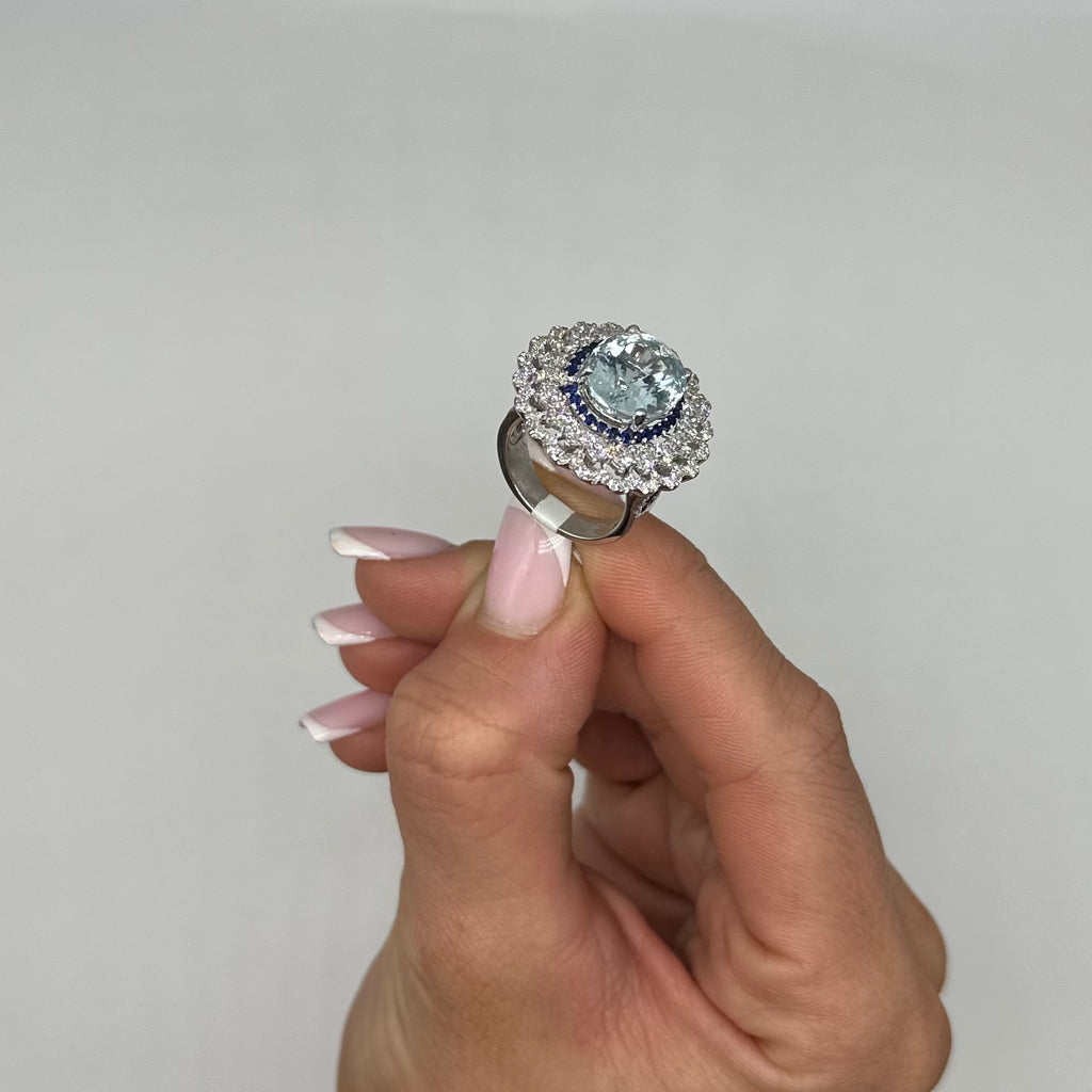 18K White Gold Aquamarine, Sapphire & Diamond Ring CDR006 NTJJ