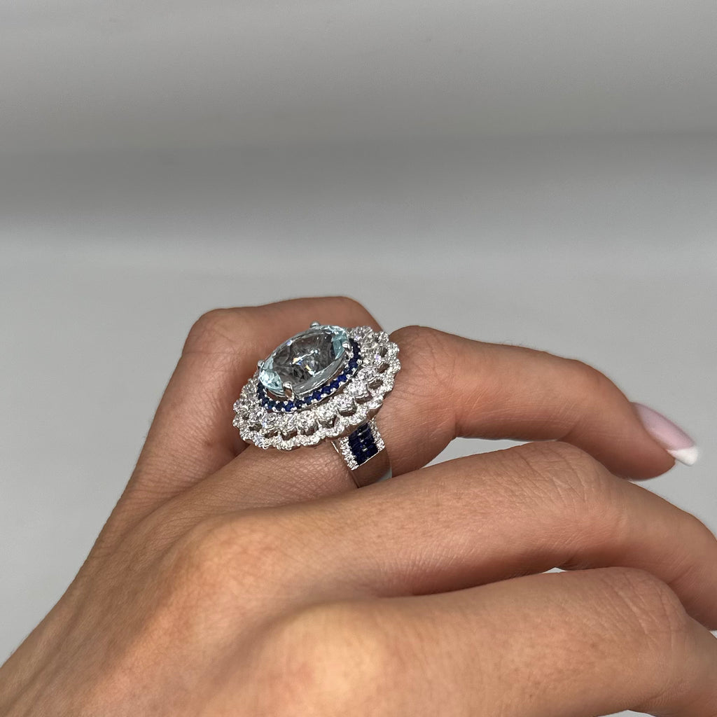 18K White Gold Aquamarine, Sapphire & Diamond Ring CDR006 NTJJ