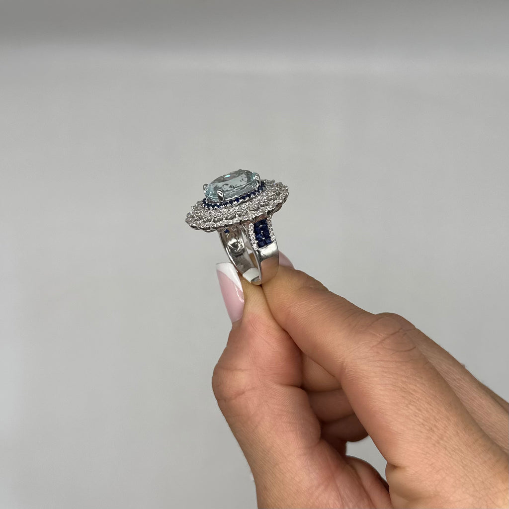 18K White Gold Aquamarine, Sapphire & Diamond Ring CDR006 NTJJ