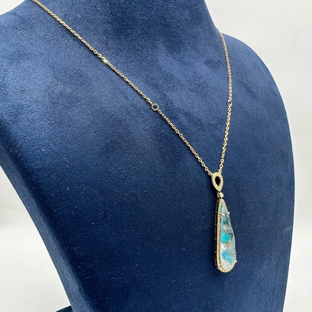 14K Yellow Gold Turquoise Pendant Necklace – 6.53ct Turquoise & 0.22ct Diamonds DC-N13082-8 2TJ