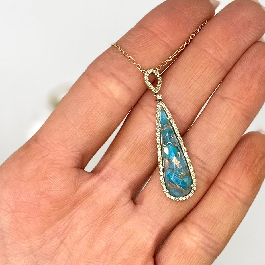 14K Yellow Gold Turquoise Pendant Necklace – 6.53ct Turquoise & 0.22ct Diamonds DC-N13082-8 2TJ