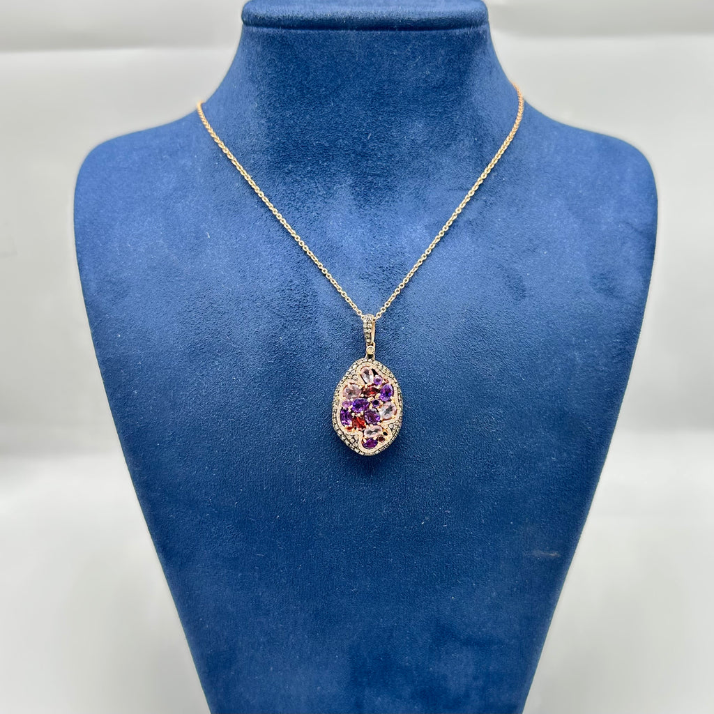 14K Rose Gold Pendant Necklace with 0.76ct Diamonds and 3.17ct Color Stones