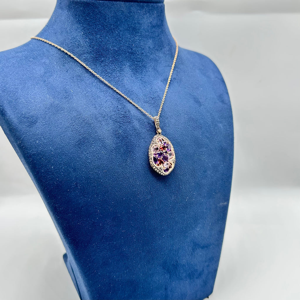 14K Rose Gold Pendant Necklace with 0.76ct Diamonds and 3.17ct Color Stones