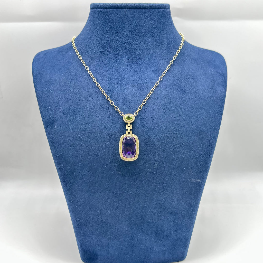 14K Yellow Gold Pendant Necklace with 0.31ct Diamonds, 0.48ct Peridot & 11.24ct Amethyst INST