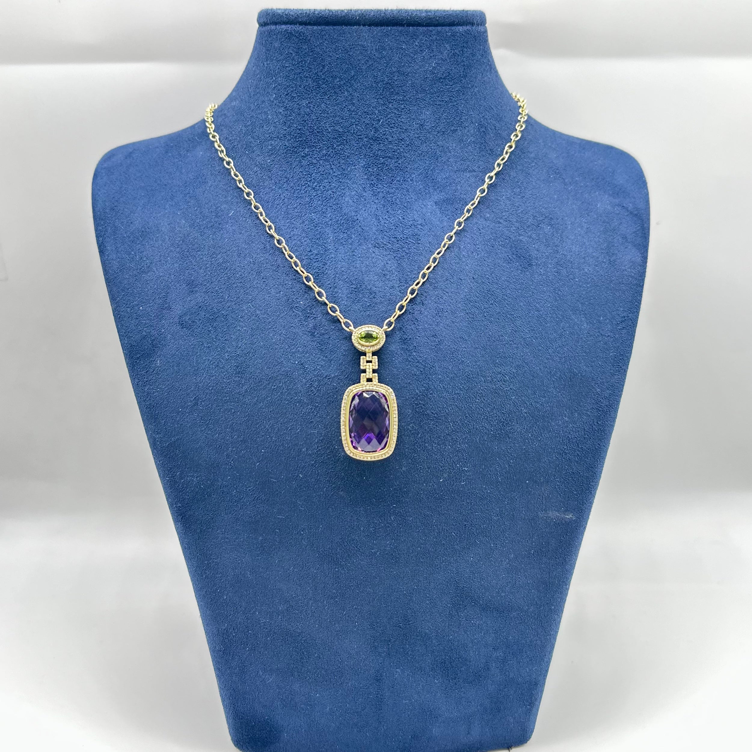 14K Yellow Gold Pendant Necklace with 0.31ct Diamonds, 0.48ct Peridot & 11.24ct Amethyst INST