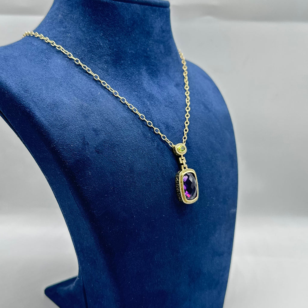 14K Yellow Gold Pendant Necklace with 0.31ct Diamonds, 0.48ct Peridot & 11.24ct Amethyst INST
