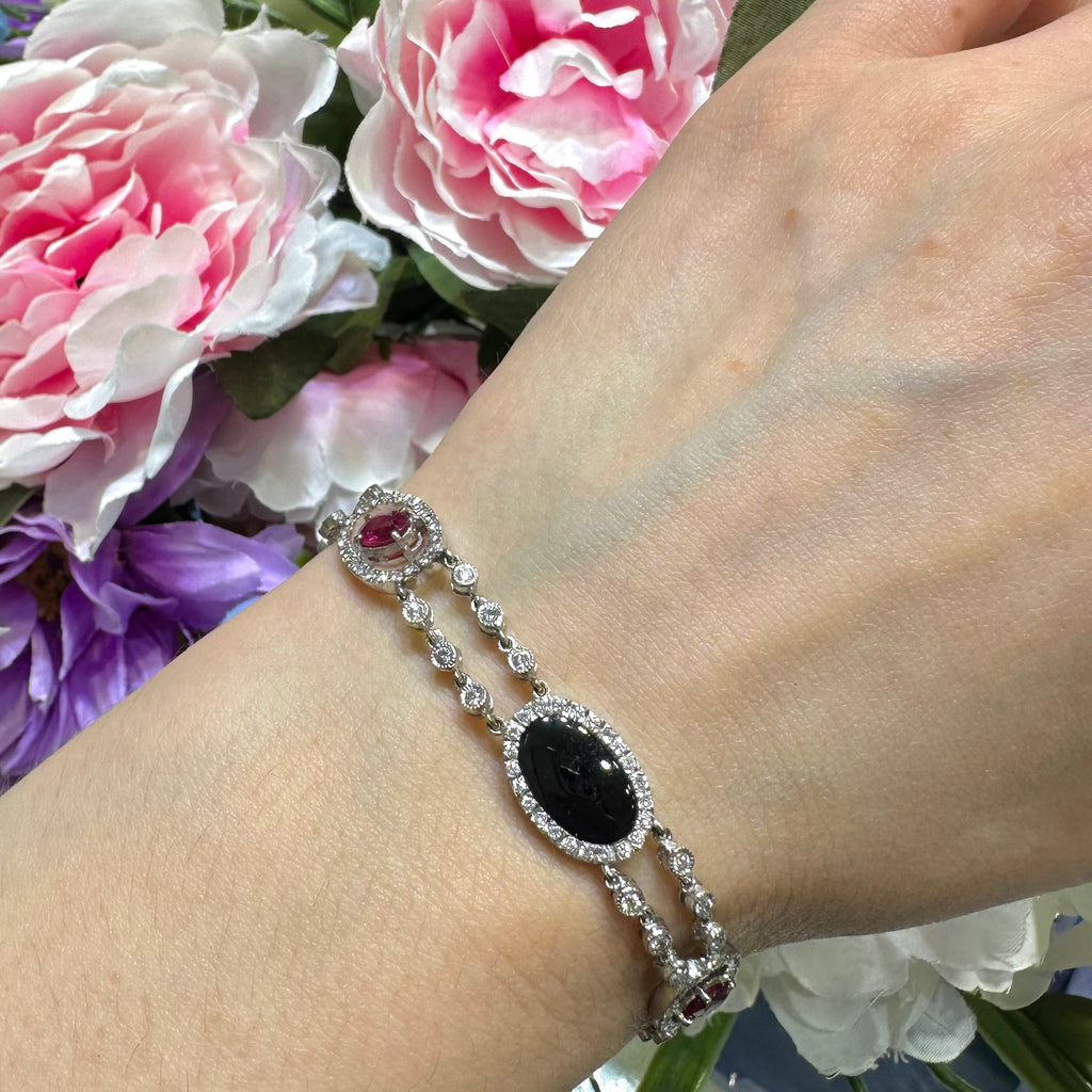 18K White Gold Diamond, Ruby & Black Onyx Bracelet – 1.50ct Diamonds, 1.80ct Gemstones DB0062 IIJJ
