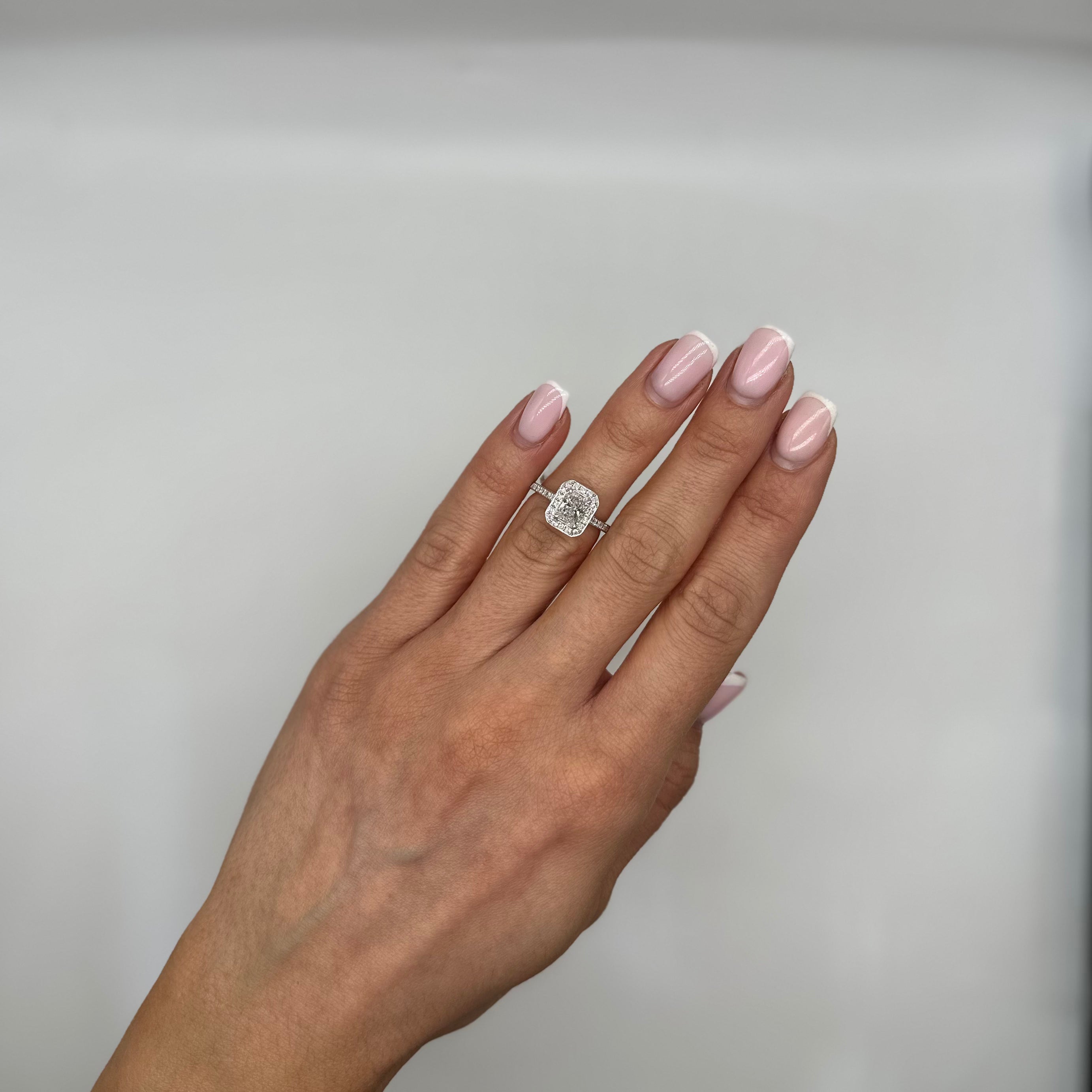 18K White Gold GIA Certified Radiant Diamond Halo Ring – 1.47CT Total Diamond Weight RADER012 IJGJ NLEN