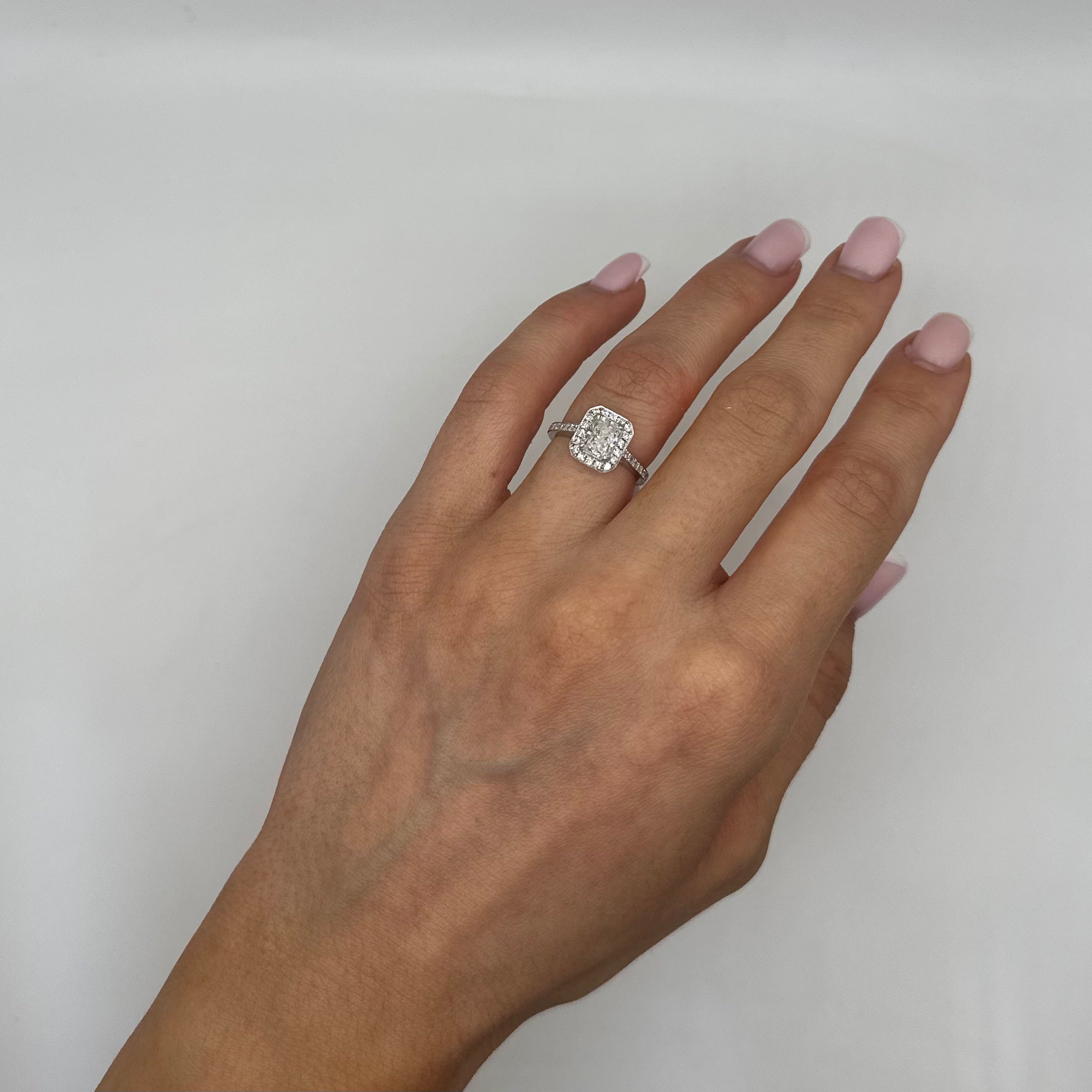18K White Gold GIA Certified Radiant Diamond Halo Ring – 1.47CT Total Diamond Weight RADER012 IJGJ NLEN