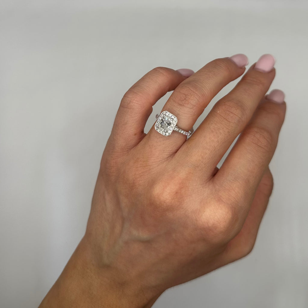 18K White Gold GIA Certified Radiant Diamond Halo Ring – 1.47CT Total Diamond Weight RADER012 IJGJ NLEN