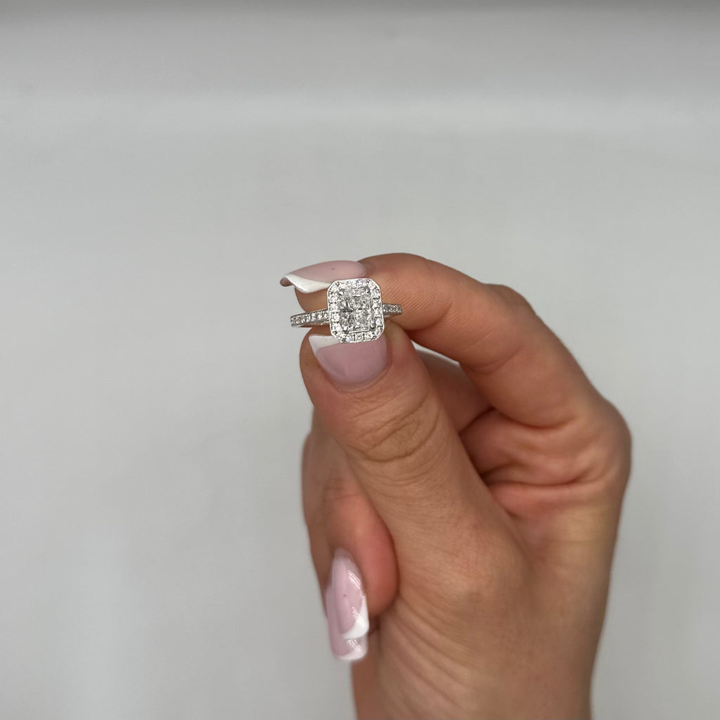 18K White Gold GIA Certified Radiant Diamond Halo Ring – 1.47CT Total Diamond Weight RADER012 IJGJ NLEN