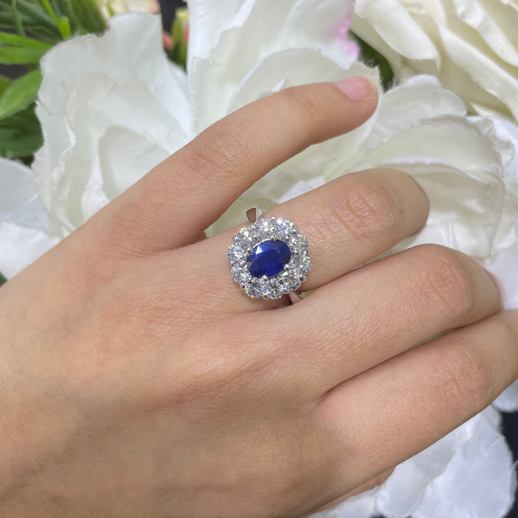 14K White Gold Royal Blue Sapphire & Diamond Halo Ring – 1.26CT Sapphire / 1.76CT Diamonds | SDR089