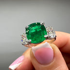 14K White Gold 3.84ct Emerald & 1.42ct Diamond Three-Stone Ring EMDR023 ZTJJ