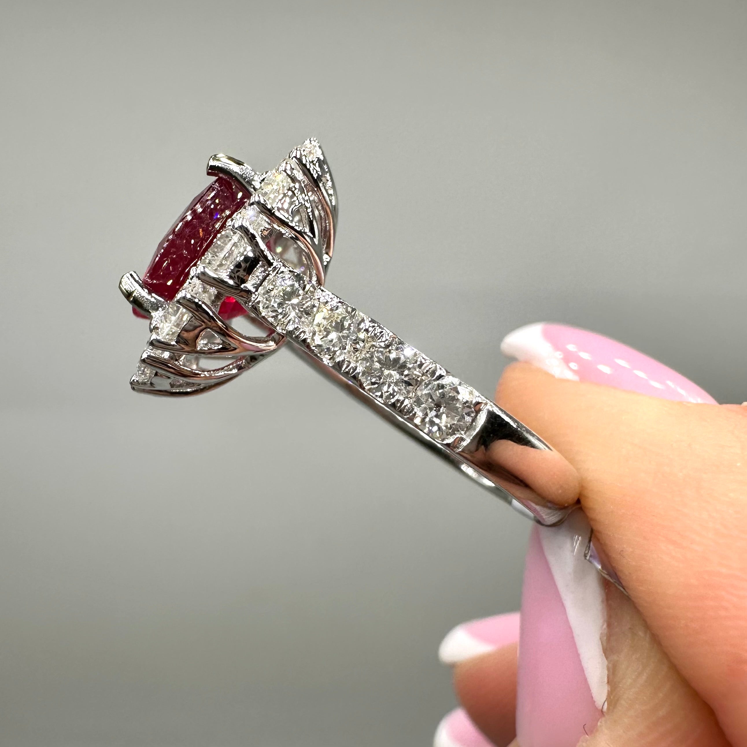 18K White Gold Ring with 5.16CT Lab-Grown Ruby & 2.45CT Natural Diamonds RUBDR014 NJJJ