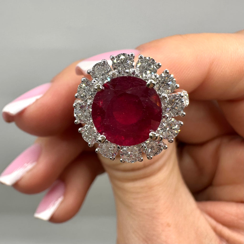 18K White Gold Ring with 5.16CT Lab-Grown Ruby & 2.45CT Natural Diamonds RUBDR014 NJJJ